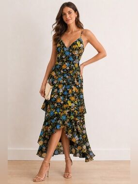 WAYF Carmen Floral Strappy Back Midi Dress Daisy Ruffle High Low Medium NWOT